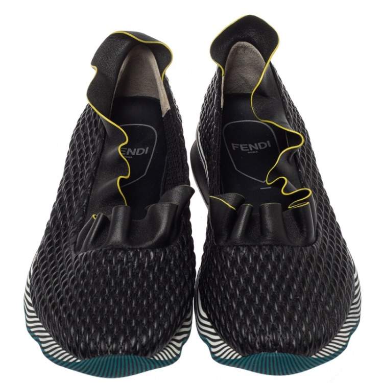 Pre Owned Fendi Black Smocked Leather Ruffle Trim Slip On Sneakers Size 40