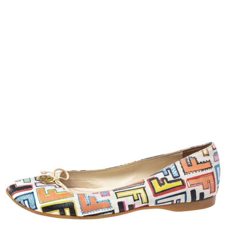 Pre Owned Fendi Multicolour Zucca Coated Canvas Logo Disc Ballerina Flats Size 38