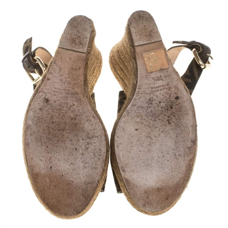 Pre Owned Fendi Tobacco Zucca Canvas Slingback Wedge Espadrilles Size 36.5