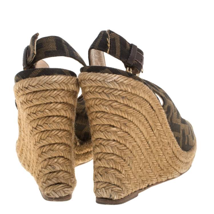 Pre Owned Fendi Tobacco Zucca Canvas Slingback Wedge Espadrilles Size 36.5
