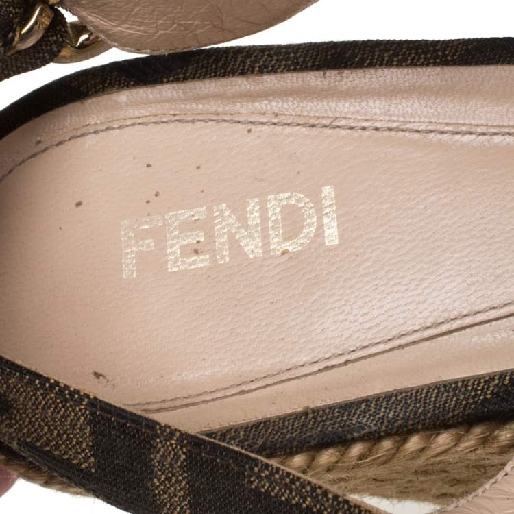 Pre Owned Fendi Tobacco Zucca Canvas Slingback Wedge Espadrilles Size 36.5