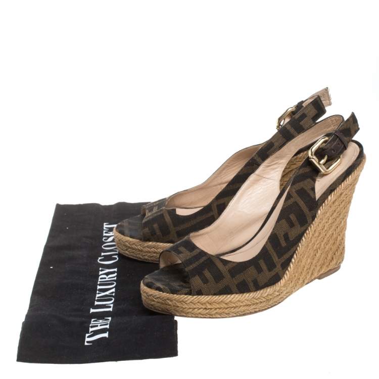 Pre Owned Fendi Tobacco Zucca Canvas Slingback Wedge Espadrilles Size 36.5