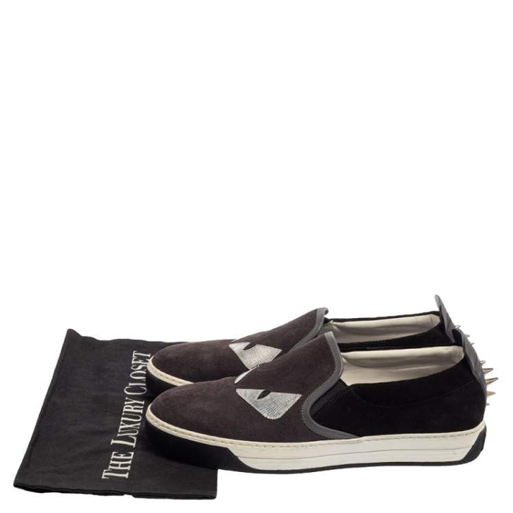 Pre Owned Fendi Grey/Black Suede Monster Eyes Slip On Sneakers Size 40