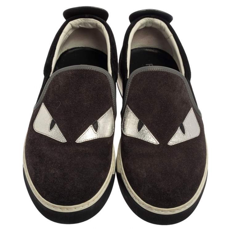 Pre Owned Fendi Grey/Black Suede Monster Eyes Slip On Sneakers Size 40