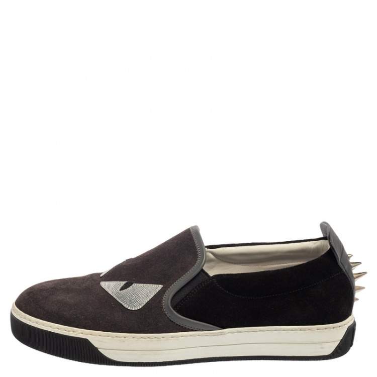 Pre Owned Fendi Grey/Black Suede Monster Eyes Slip On Sneakers Size 40