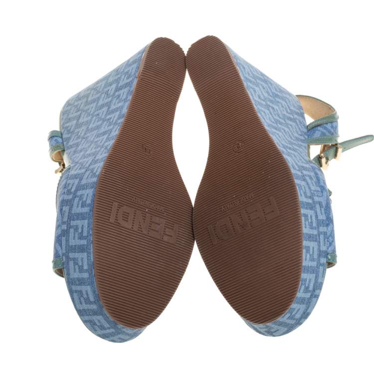 Pre Owned Fendi Blue/Green Canvas And Patent Leather Wedge Sandals Size 38.5