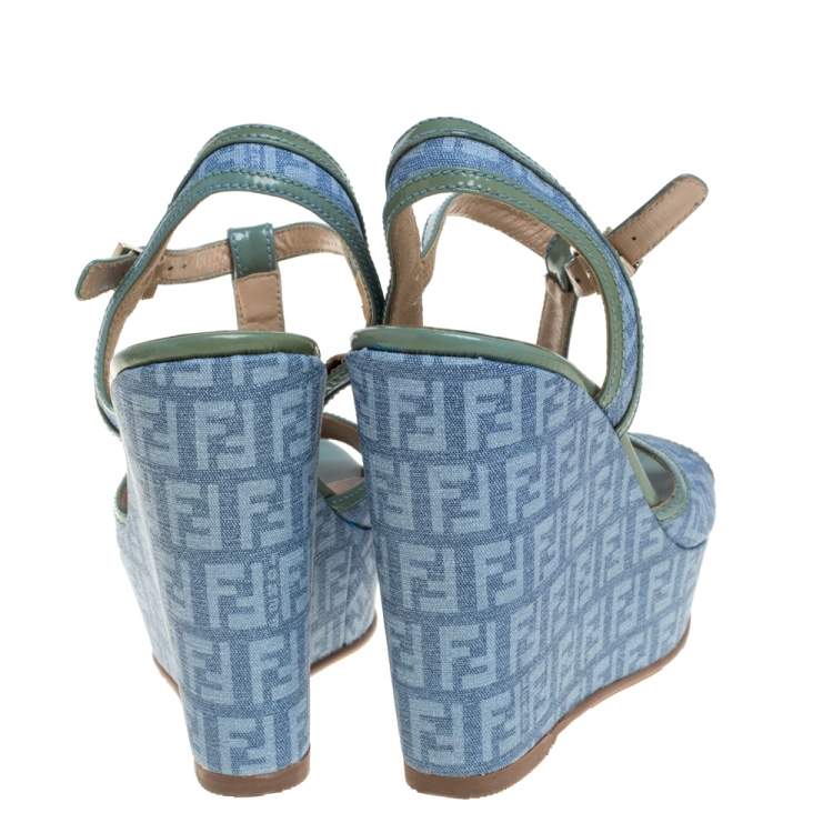 Pre Owned Fendi Blue/Green Canvas And Patent Leather Wedge Sandals Size 38.5