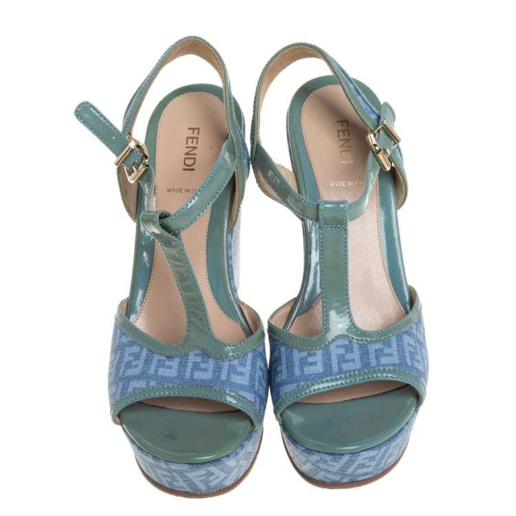 Pre Owned Fendi Blue/Green Canvas And Patent Leather Wedge Sandals Size 38.5