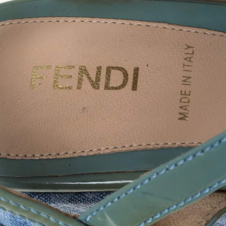 Pre Owned Fendi Blue/Green Canvas And Patent Leather Wedge Sandals Size 38.5