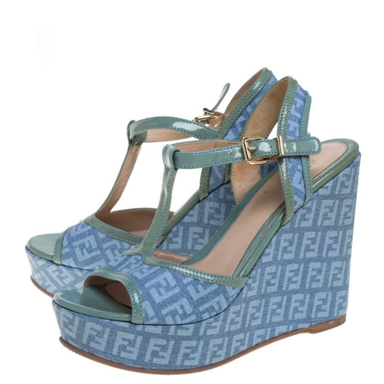 Pre Owned Fendi Blue/Green Canvas And Patent Leather Wedge Sandals Size 38.5