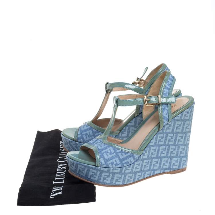 Pre Owned Fendi Blue/Green Canvas And Patent Leather Wedge Sandals Size 38.5