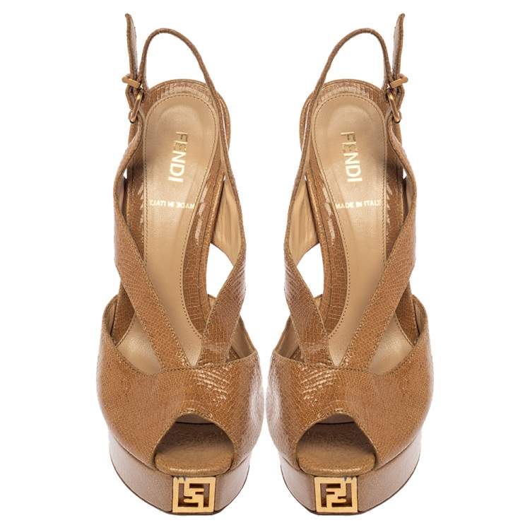Pre Owned Fendi Beige Lizard Embossed Patent Leather Platform Peep Toe Sandals Size 36