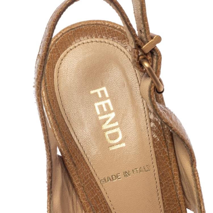 Pre Owned Fendi Beige Lizard Embossed Patent Leather Platform Peep Toe Sandals Size 36