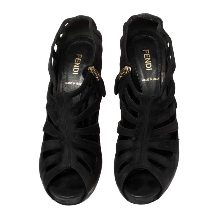 Pre Owned Fendi Black Suede Strappy Peep Toe Zipper Sandals Size 36