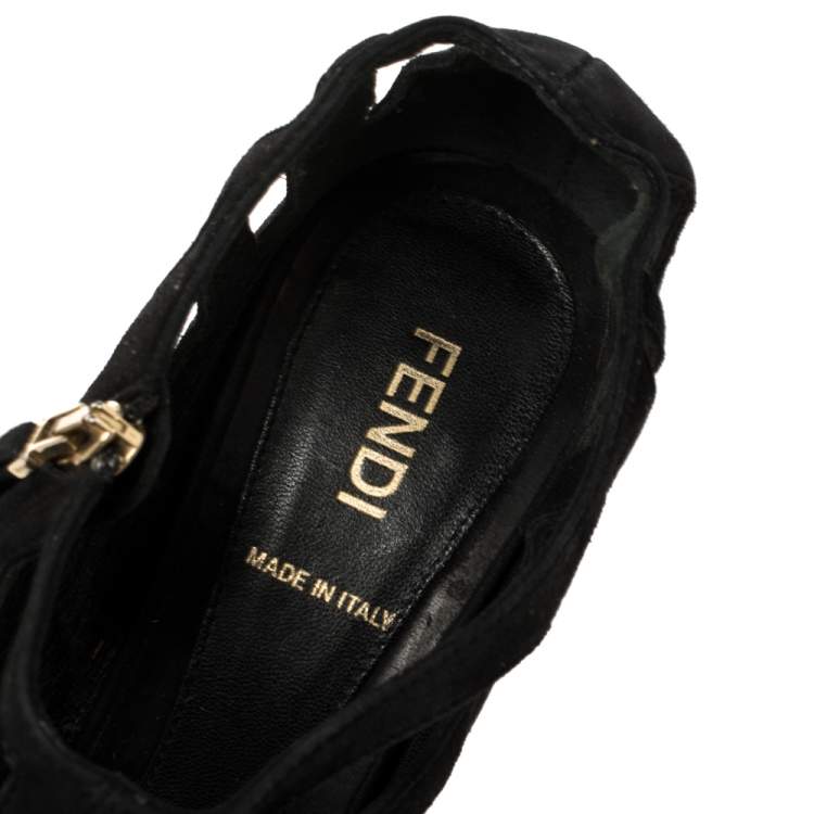 Pre Owned Fendi Black Suede Strappy Peep Toe Zipper Sandals Size 36