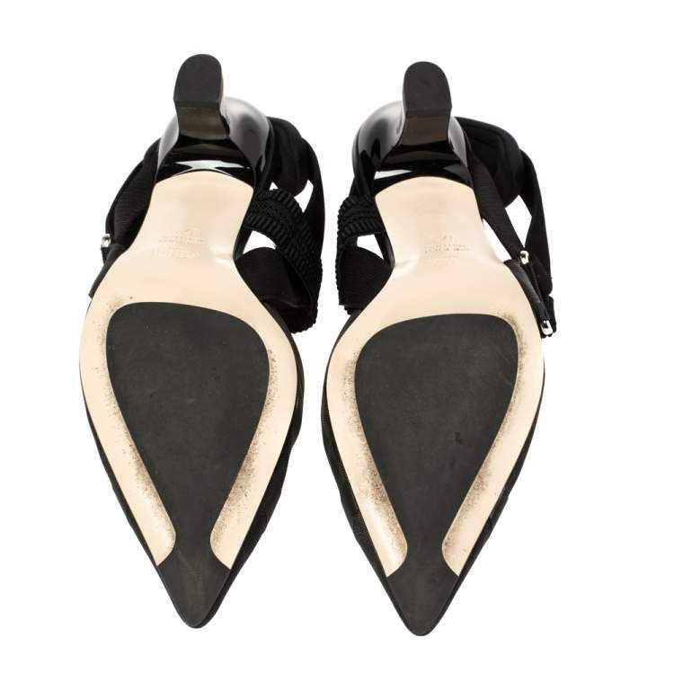 Pre Owned Fendi Black Mesh And Fabric Colibri Slingback Pointed Toe Sandals Size 37.5