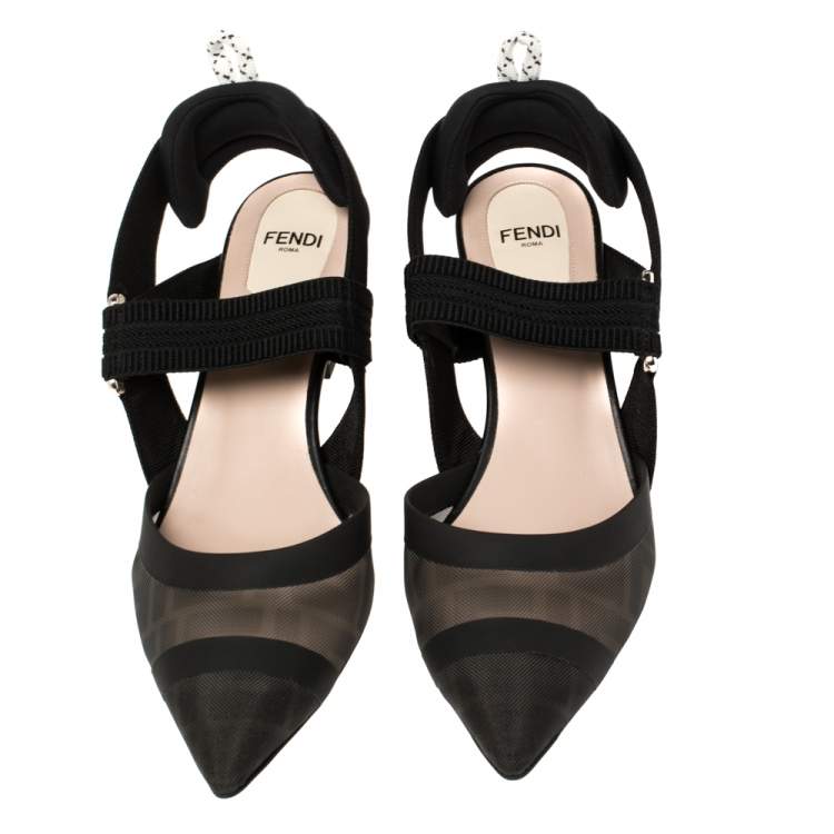 Pre Owned Fendi Black Mesh And Fabric Colibri Slingback Pointed Toe Sandals Size 37.5