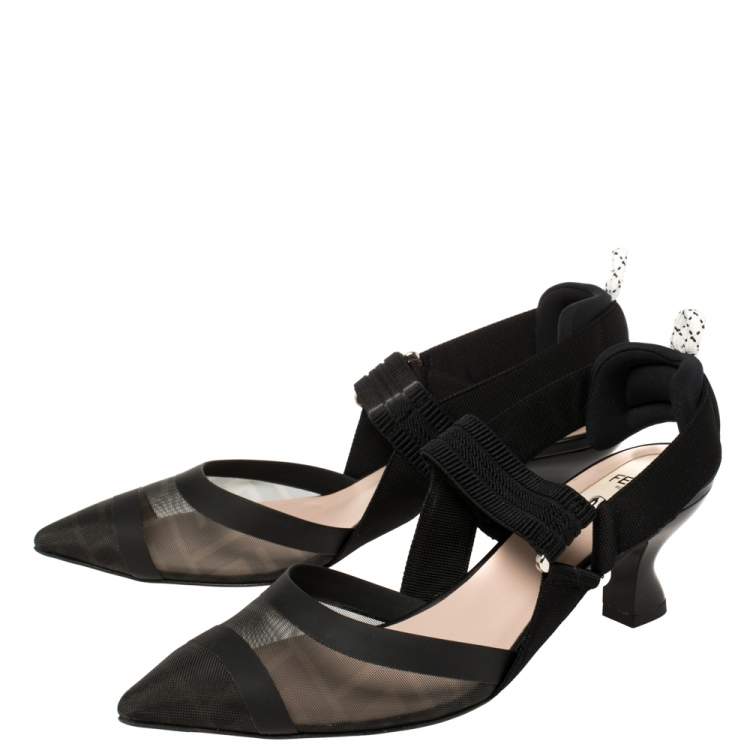 Pre Owned Fendi Black Mesh And Fabric Colibri Slingback Pointed Toe Sandals Size 37.5