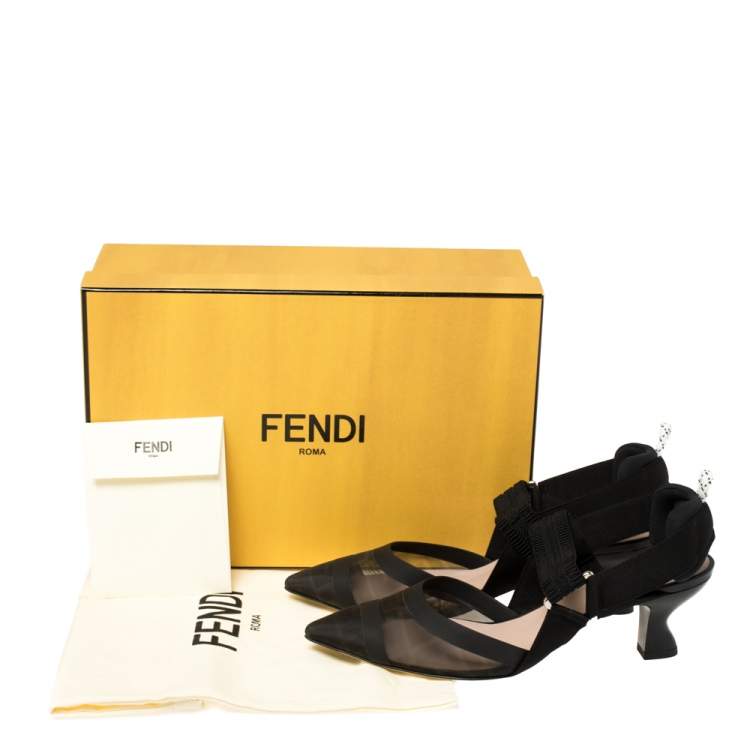 Pre Owned Fendi Black Mesh And Fabric Colibri Slingback Pointed Toe Sandals Size 37.5