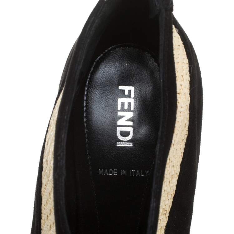 مملوكة مسبقًا Fendi Black/Beige Suede And Jute Wedge Peep Toe Booties Size 36