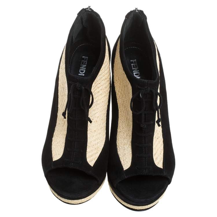 مملوكة مسبقًا Fendi Black/Beige Suede And Jute Wedge Peep Toe Booties Size 36