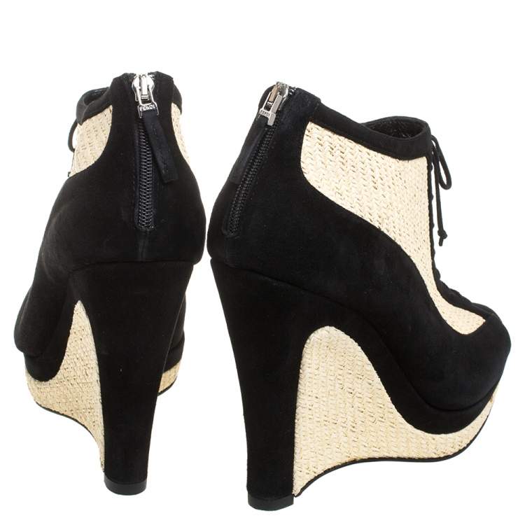 مملوكة مسبقًا Fendi Black/Beige Suede And Jute Wedge Peep Toe Booties Size 36