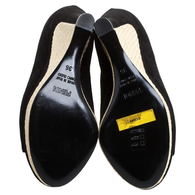 مملوكة مسبقًا Fendi Black/Beige Suede And Jute Wedge Peep Toe Booties Size 36