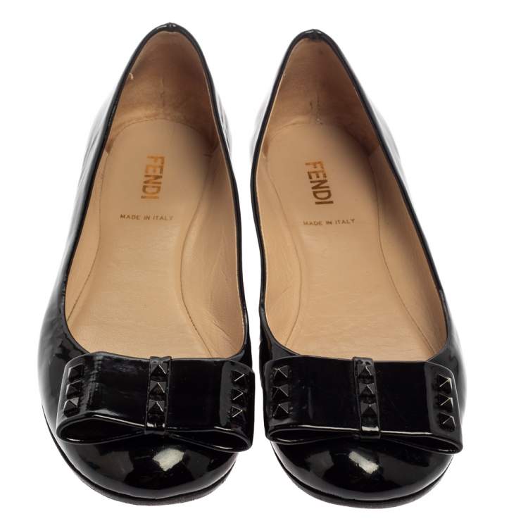 Pre Owned Fendi Black Patent Leather Studded Bow Ballet Flats Size 38