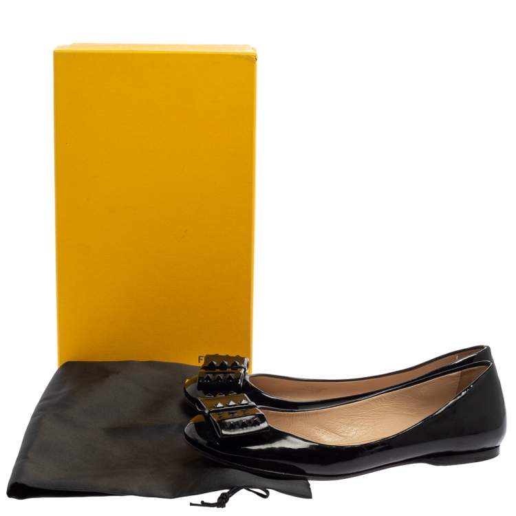 Pre Owned Fendi Black Patent Leather Studded Bow Ballet Flats Size 38