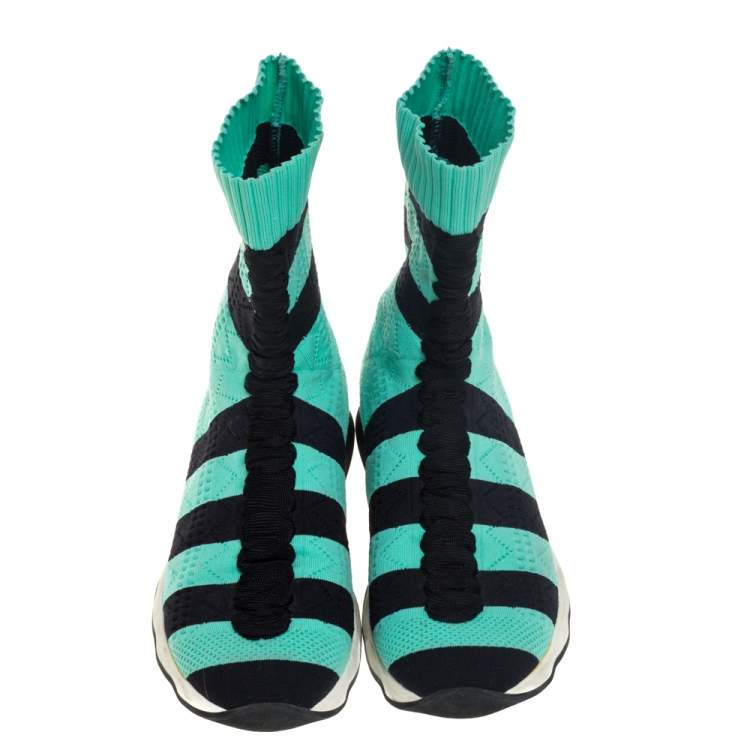 Pre Owned Fendi Green/Black Knit Fabric Striped Sock Sneakers Size 36
