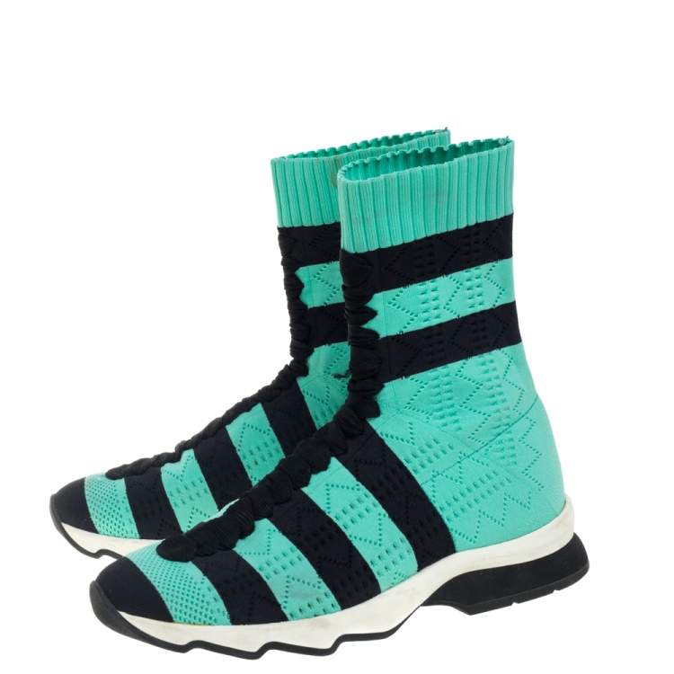 Pre Owned Fendi Green/Black Knit Fabric Striped Sock Sneakers Size 36