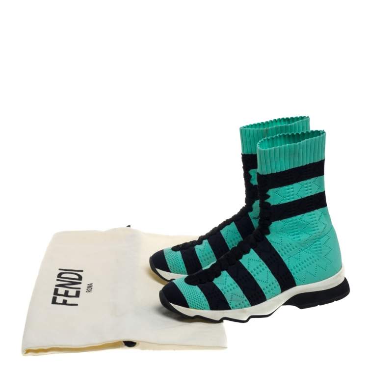 Pre Owned Fendi Green/Black Knit Fabric Striped Sock Sneakers Size 36