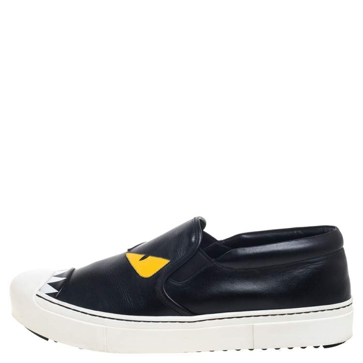 Pre Owned Fendi Black/Yellow Leather Monster Slip On Sneakers Size 39.5