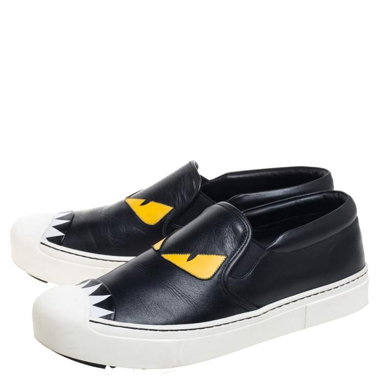 Pre Owned Fendi Black/Yellow Leather Monster Slip On Sneakers Size 39.5