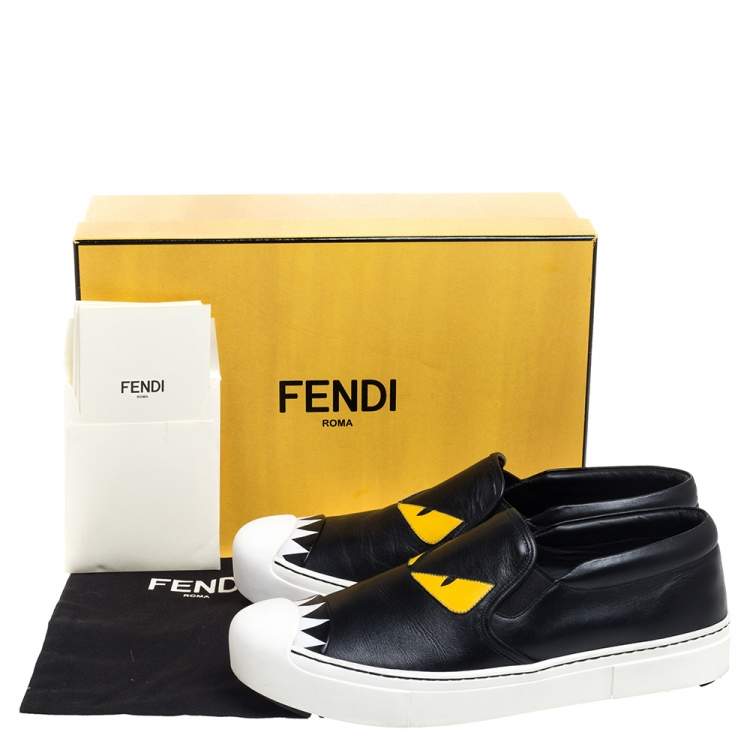 Pre Owned Fendi Black/Yellow Leather Monster Slip On Sneakers Size 39.5
