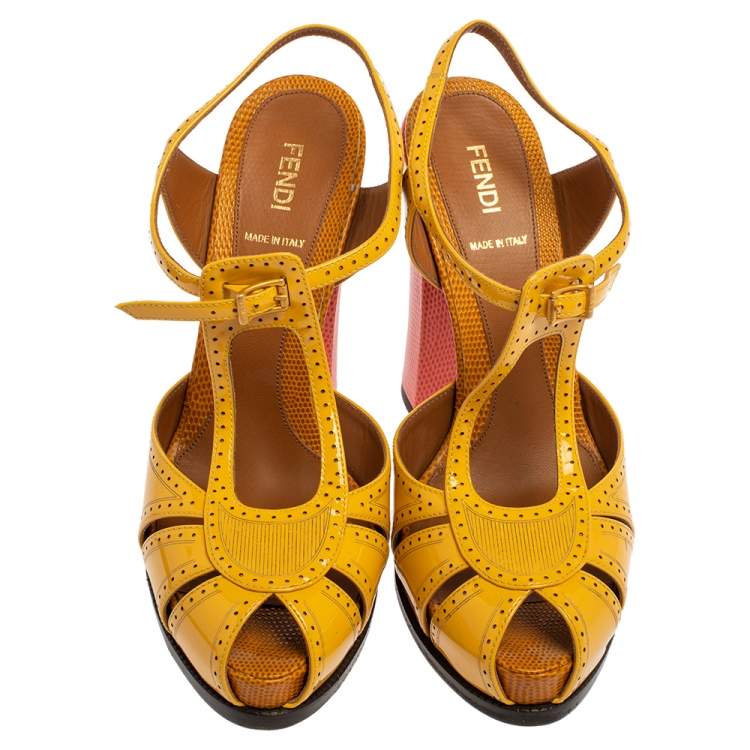Pre Owned Fendi Yellow Patent Leather Chameleon Block Heel Sandals Size 40 