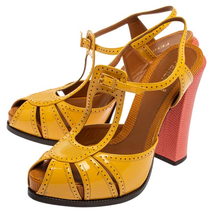 Pre Owned Fendi Yellow Patent Leather Chameleon Block Heel Sandals Size 40 