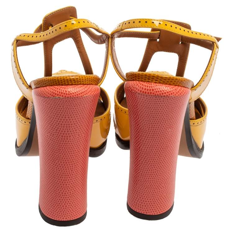 Pre Owned Fendi Yellow Patent Leather Chameleon Block Heel Sandals Size 40 