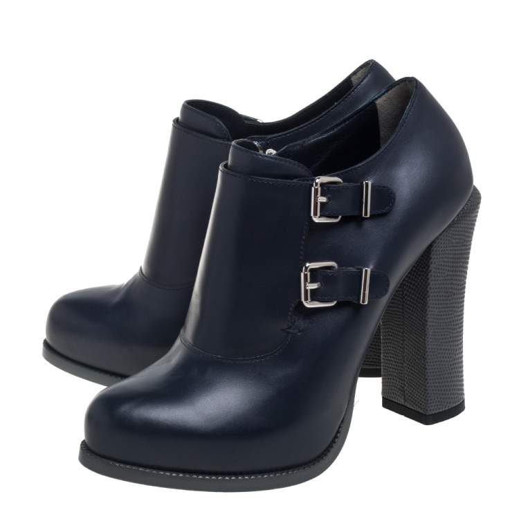 Pre Owned Fendi Blue Leather Zipper Ankle Boots Size 38