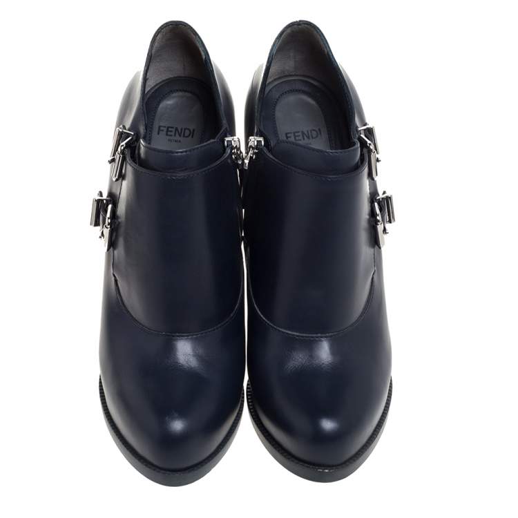 Pre Owned Fendi Blue Leather Zipper Ankle Boots Size 38