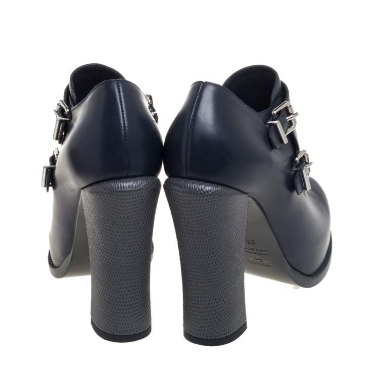 Pre Owned Fendi Blue Leather Zipper Ankle Boots Size 38