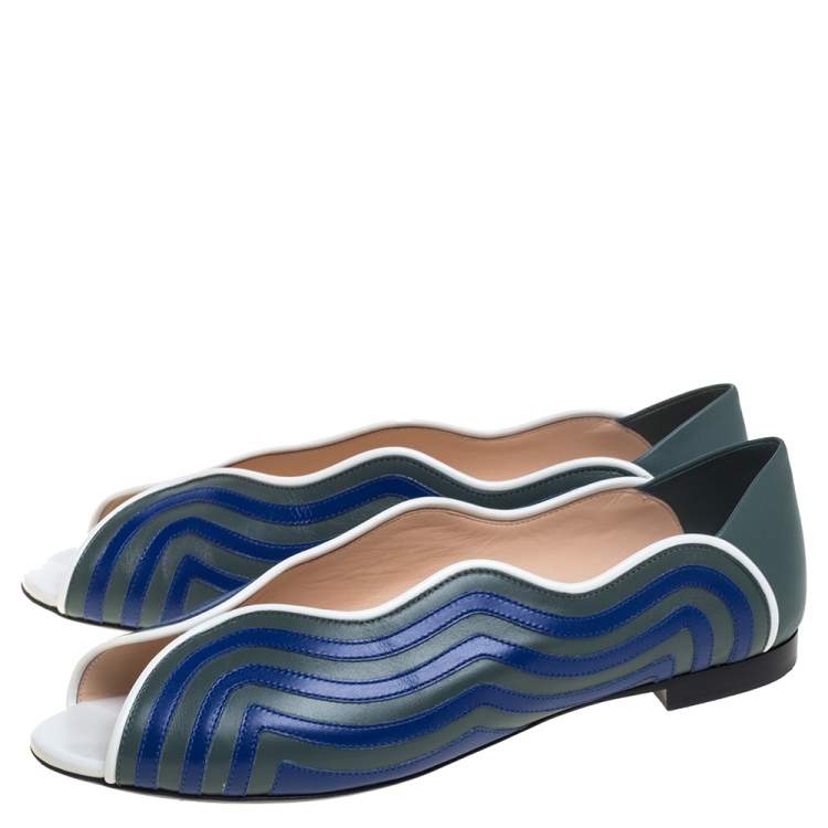 Pre Owned Fendi Blue/Grey  Leather Peep Toe Scallop Flats Size 40