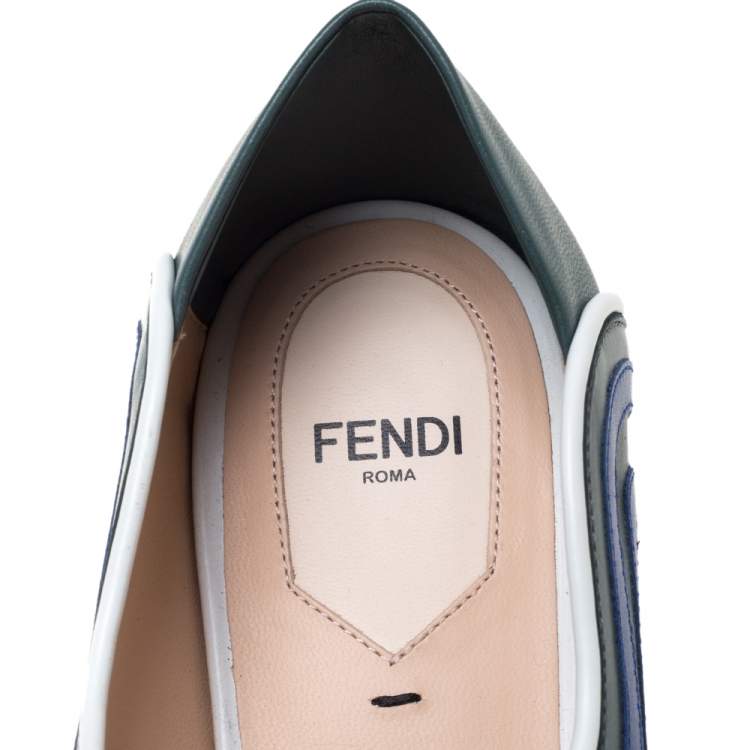 Pre Owned Fendi Blue/Grey  Leather Peep Toe Scallop Flats Size 40