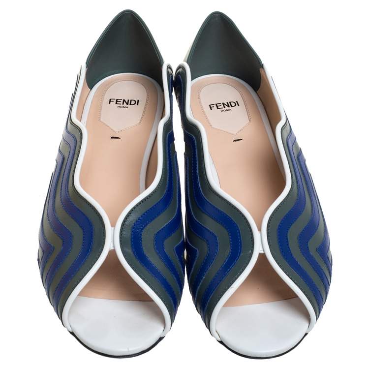 Pre Owned Fendi Blue/Grey  Leather Peep Toe Scallop Flats Size 40