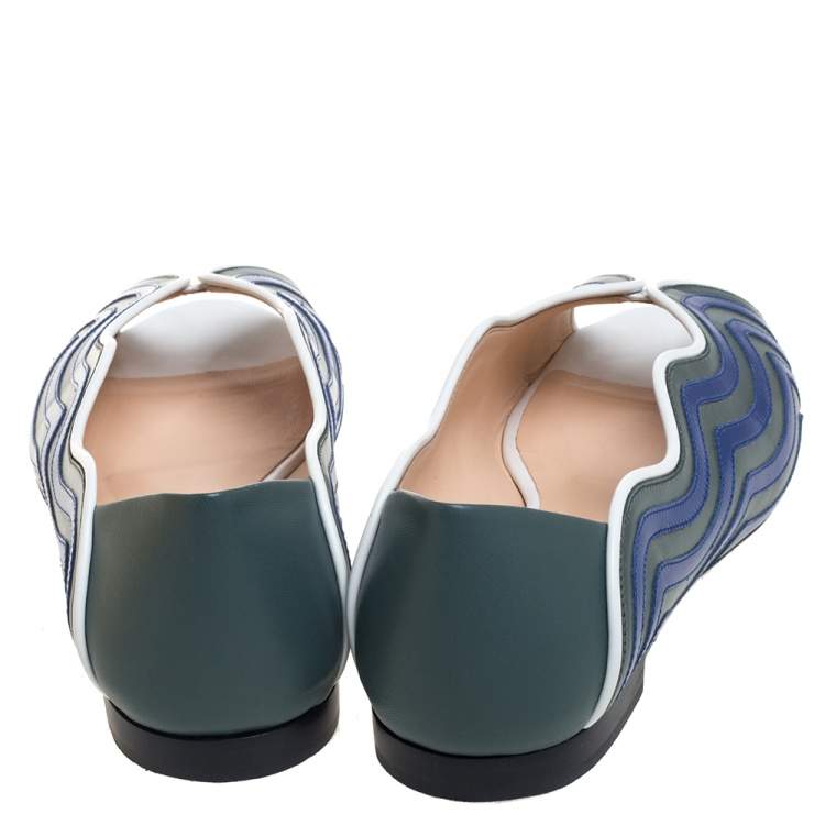Pre Owned Fendi Blue/Grey  Leather Peep Toe Scallop Flats Size 40