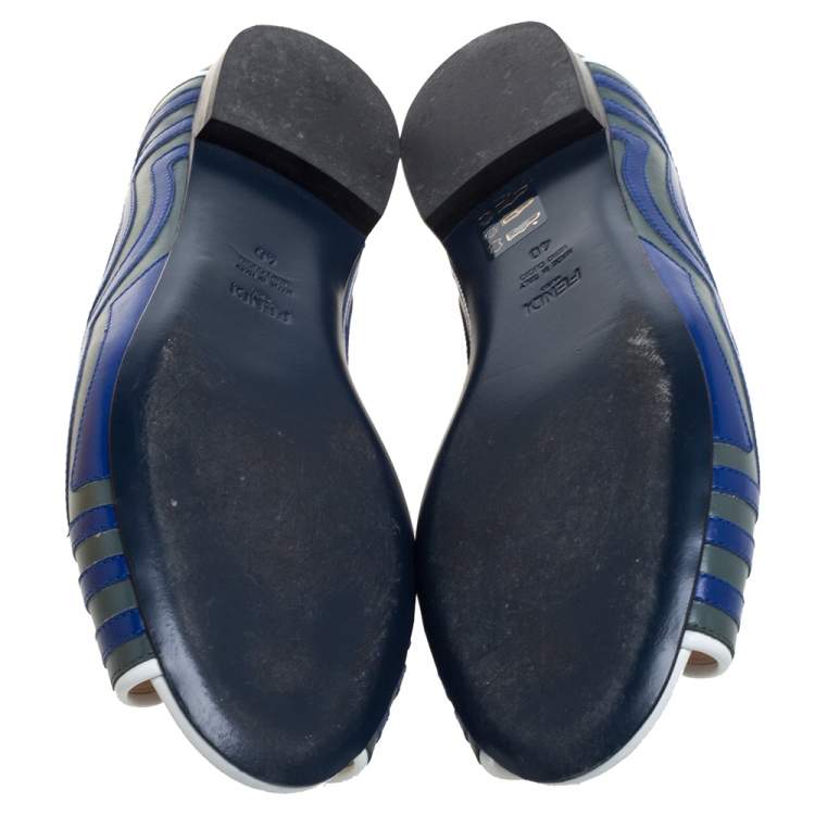 Pre Owned Fendi Blue/Grey  Leather Peep Toe Scallop Flats Size 40
