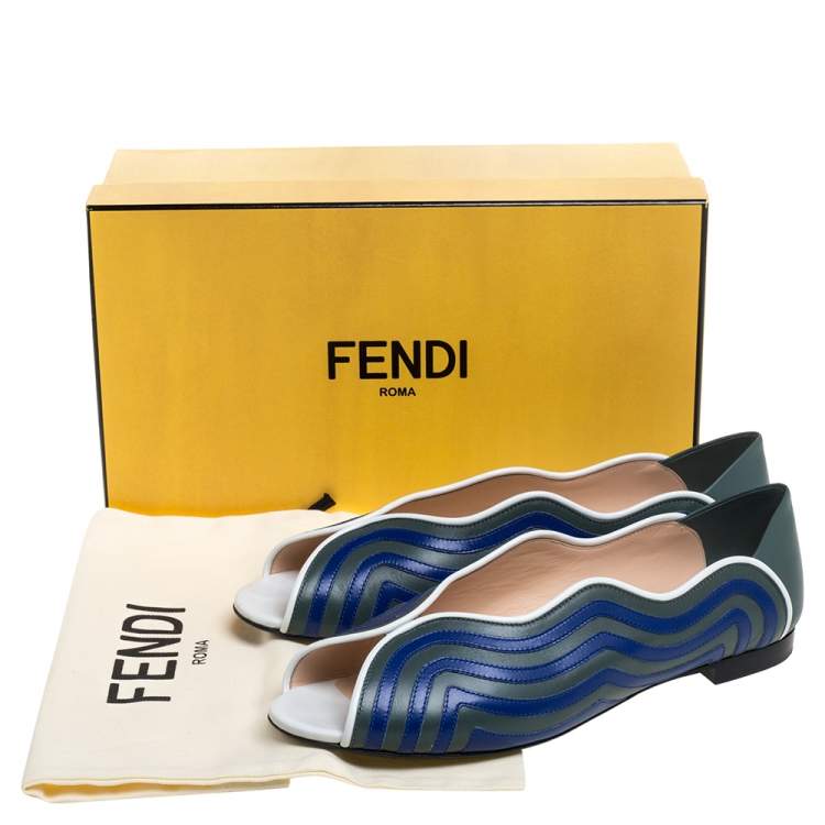 Pre Owned Fendi Blue/Grey  Leather Peep Toe Scallop Flats Size 40