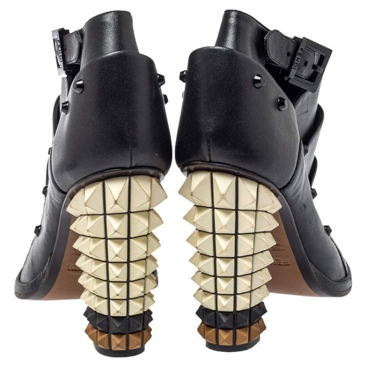 Pre Owned Fendi Black Leather Polifonia Booties Size 36