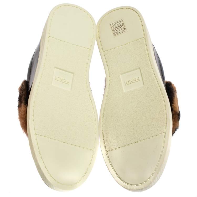 مملوكة مسبقًا Fendi Brown/Black Leather And FF Motif Fur Low Top Sneakers Size 38