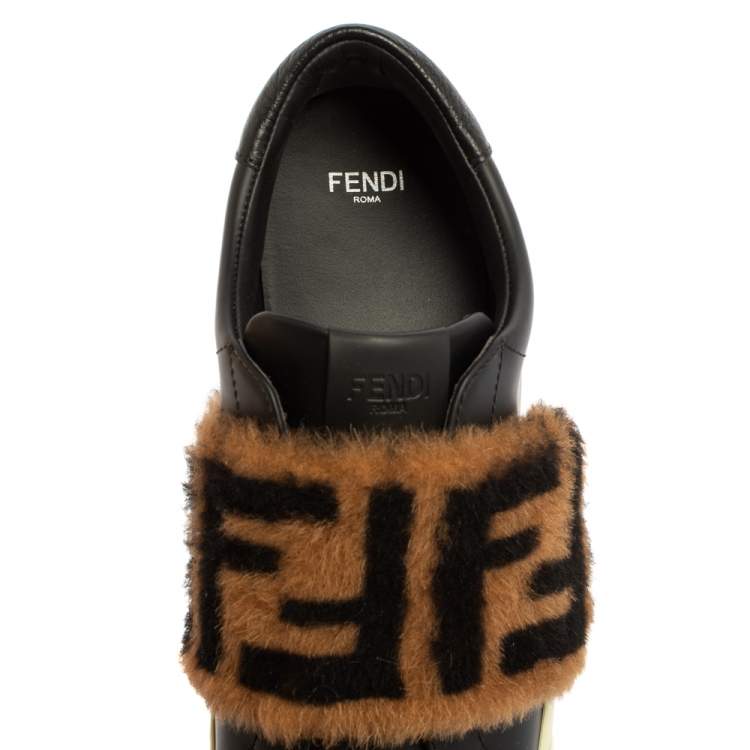 مملوكة مسبقًا Fendi Brown/Black Leather And FF Motif Fur Low Top Sneakers Size 38